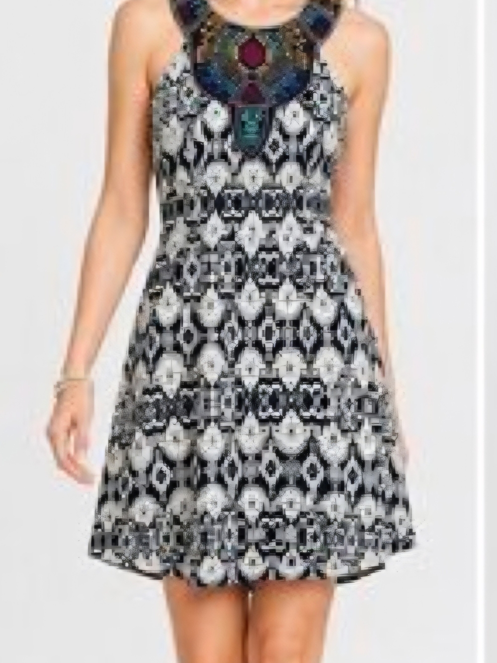 Flying Tomato Black & White Geometric Halter Dress with Beaded Neck